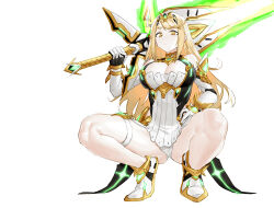 Rule 34 | 1girl, absurdres, aegis sword (xenoblade), armor, blonde hair, breasts, cleavage, gloves, headpiece, highres, holding, large breasts, long hair, looking at viewer, mythra (xenoblade), over shoulder, panties, renxzd, side ponytail, simple background, solo, squatting, swept bangs, thigh strap, underwear, very long hair, weapon, weapon over shoulder, white background, white panties, xenoblade chronicles (series), xenoblade chronicles 2, yellow eyes