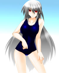 Rule 34 | 1girl, bare shoulders, breasts, engo (aquawatery), gradient background, hand on thigh, large breasts, light smile, long hair, lyrical nanoha, mahou shoujo lyrical nanoha, mahou shoujo lyrical nanoha a&#039;s, one-piece swimsuit, red eyes, reinforce, silver hair, solo, swimsuit, very long hair