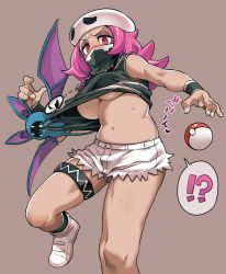 Rule 34 | !?, 1girl, absurdres, arm at side, bandana, bandana over mouth, bare shoulders, black tank top, black wristband, blouse, breasts, brown background, chain, chain necklace, clothes lift, covered mouth, creatures (company), cutoffs, embarrassed, fukumaaya, game freak, gen 1 pokemon, groin, half-closed eyes, hat, highres, jewelry, large breasts, looking at viewer, mask, medium breasts, medium hair, necklace, nintendo, no bra, pink eyes, pink hair, poke ball, poke ball (basic), pokemon, pokemon (creature), pokemon sm, pulling another&#039;s clothes, shirt, shirt lift, short shorts, shorts, simple background, skull-shaped hat, skull hat, skull necklace, sleeveless, sleeveless shirt, solo, solo focus, spoken interrobang, standing, stomach, surprised, tank top, team skull, team skull grunt, thigh strap, torn clothes, underboob, v-shaped eyebrows, white background, wristband, zubat