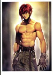 Rule 34 | 1boy, artbook, belt, character request, gloves, highres, homare (fool&#039;s art), male focus, muscular, red hair, scan, topless male, solo, source request