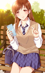 Rule 34 | 1girl, bag, blue necktie, blue skirt, blush, breasts, brown eyes, brown hair, brown sweater vest, bush, cellphone, closed mouth, dot nose, earphones, gen (enji), gradient sky, hands up, holding, holding earphones, holding phone, idolmaster, idolmaster cinderella girls, idolmaster cinderella girls starlight stage, long hair, long sleeves, looking at viewer, medium breasts, necktie, nitta minami, on bench, outdoors, phone, plaid, plaid skirt, pleated skirt, school bag, school uniform, shirt, sitting, skirt, sky, smartphone, smile, solo, striped necktie, sunset, sweater vest, twitter username, white shirt