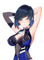 Rule 34 | 1girl, absurdres, armpits, arms behind head, arms up, blue hair, breasts, cleavage, diagonal bangs, eyebrows hidden by hair, genshin impact, green eyes, highres, large breasts, looking at viewer, mole, mole on breast, parted lips, self-upload, seullust, short hair, simple background, smile, solo, white background, yelan (genshin impact)