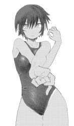 Rule 34 | 1girl, collarbone, competition swimsuit, dithering, ero kingdom ceo, flexing, greyscale, highres, looking at viewer, monochrome, one-piece swimsuit, original, short hair, simple background, solo, standing, swimsuit