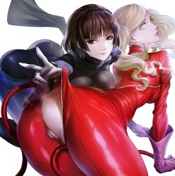 Rule 34 | 2girls, absurdres, artist request, ass, assisted exposure, blonde hair, female focus, highres, looking at viewer, looking back, multiple girls, niijima makoto, persona, persona 5, pussy, pussy peek, source request, takamaki anne