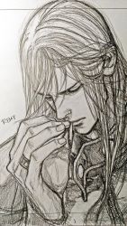 Rule 34 | 1boy, bad id, bad twitter id, character name, cigarette, closed eyes, graphite (medium), greyscale, highres, jewelry, long hair, male focus, monochrome, nose, remy (street fighter), ring, smoking, solo, street fighter, street fighter iii (series), traditional media, yoshihara motoki