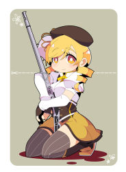 Rule 34 | 10s, 1girl, beret, blonde hair, blood, boots, cut-here line, detached sleeves, dotted line, drill hair, feathers, fingerless gloves, gloves, gun, hair ornament, hairclip, hat, highres, kneeling, magical girl, magical musket, mahou shoujo madoka magica, mahou shoujo madoka magica (anime), mami mogu mogu, mzh, rifle, rounded corners, scissors, smile, solo, striped clothes, striped thighhighs, thighhighs, tomoe mami, tomoe mami (magical girl), twintails, weapon, yellow eyes, zettai ryouiki