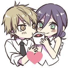 Rule 34 | 1boy, 1girl, blonde hair, blush, brown eyes, chainsaw man, coffee, collared shirt, cup, denji (chainsaw man), gocue 10 5, green eyes, hair between eyes, hair tied, hair tied back, heart, long hair, mug, necktie, purple hair, reze (chainsaw man), ribbon, shirt, short hair, short sleeves, sleeves rolled up, smile, white background, white shirt