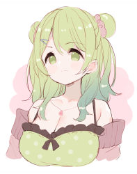 Rule 34 | 1girl, bare shoulders, blush, breasts, camisole, cleavage, closed mouth, collarbone, commentary request, cropped torso, double bun, green camisole, green eyes, green hair, hair between eyes, hair bun, hair ornament, hairclip, highres, long hair, looking at viewer, medium breasts, meito (maze), morinaka kazaki, nijisanji, off shoulder, pink background, polka dot camisole, smile, solo, two-tone background, upper body, virtual youtuber, white background