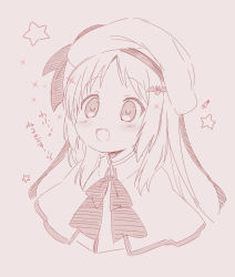 Rule 34 | 1girl, :d, bat hair ornament, beret, blush, bow, brown background, capelet, commentary, fang, hair ornament, hat, jigatei (omijin), little busters!, long hair, monochrome, noumi kudryavka, open mouth, simple background, smile, solo, sparkle, star (symbol), symbol-only commentary, translation request