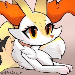 Rule 34 | 1girl, animal ear fluff, animal ears, animal hands, animal nose, artist name, black fur, blush, body fur, braixen, closed mouth, creatures (company), eyeliner, female focus, fox ears, fox girl, fox tail, from side, furry, furry female, game freak, gen 6 pokemon, happy, highres, light blush, lying, meeka, multicolored fur, neck fur, nintendo, on stomach, orange eyes, pokemon, pokemon (creature), red background, red eyeliner, simple background, smile, snout, solo, split mouth, tail, twitter username, watermark, white fur, yellow fur