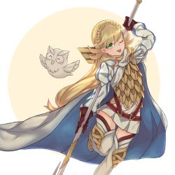 Rule 34 | 1girl, armor, bad id, bad pixiv id, bird, blonde hair, boots, braid, cape, closed eyes, feathered wings, feh (fire emblem heroes), fire emblem, fire emblem heroes, gloves, highres, long hair, low ponytail, miya (miyaruta), multicolored hair, nintendo, one eye closed, owl, pink hair, polearm, scale armor, sharena (fire emblem), simple background, solo, spear, thighhighs, tongue, tongue out, two-tone hair, weapon, white background, wings