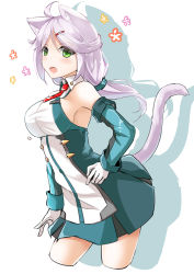Rule 34 | 1girl, :d, animal ears, arm at side, armpits, blush, bouncing breasts, breasts, cat ears, cat tail, collar, contrapposto, cowboy shot, cropped legs, detached sleeves, fatkewell, green eyes, hair ornament, hairclip, hand on own hip, highres, impossible clothes, impossible shirt, light purple hair, lips, long sleeves, looking at viewer, motion lines, necktie, open mouth, original, red necktie, sharon catiey, shirt, sideboob, silhouette, sketch, smile, solo, standing, tail