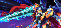 Rule 34 | absurdres, cape, exbein ashe, gio tengco, glowing, glowing sword, glowing weapon, highres, holding, holding sword, holding weapon, mecha, no humans, red cape, robot, science fiction, solo, super robot wars, super robot wars original generation, sword, visor, weapon