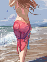 Rule 34 | 1girl, arms up, artist name, ass, bad id, bad pixiv id, bikini, bikini top only, blue sky, brown hair, butt crack, cloud, day, from behind, head out of frame, highres, long hair, ocean, original, outdoors, pink bikini, red skirt, sarong, shore, sketch, skirt, sky, solo, swimsuit, walking, water, wujia xiaozi