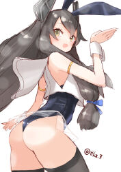 Rule 34 | 1girl, adapted costume, animal ears, ass, black hair, black leotard, black thighhighs, commentary request, cowboy shot, from behind, green eyes, hair ribbon, headgear, i-47 (kancolle), kantai collection, leotard, long hair, looking at viewer, mole, mole on ass, one-hour drawing challenge, playboy bunny, rabbit ears, ribbon, sailor collar, see-through, see-through skirt, shirt, sidelocks, simple background, skirt, sleeveless, sleeveless shirt, smile, solo, tetsukuzu (yajirushi shita), thighhighs, tress ribbon, white background, white sailor collar, white shirt, wrist cuffs