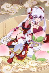 Rule 34 | 1girl, ahoge, bare shoulders, breasts, bridal gauntlets, chinese clothes, cleavage, closed mouth, commentary request, covered navel, double bun, eating, food, fruit, full body, gloves, hair bun, headgear, large breasts, light purple hair, long hair, looking at viewer, low twintails, midriff, navel, peach, pelvic curtain, pillow, pink gloves, purple eyes, red footwear, senki zesshou symphogear, senki zesshou symphogear xd unlimited, shiny skin, shoes, sitting, solo, thighhighs, twintails, uganda (ugandam 00), very long hair, white thighhighs, yukine chris