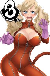 Rule 34 | 1girl, blonde hair, blue eyes, blush, bodysuit, breasts, cleavage, earrings, hair ornament, hairclip, highres, jewelry, kurosususu, large breasts, open mouth, persona, persona 5, red bodysuit, simple background, solo, spoken number, takamaki anne, white background, zipper