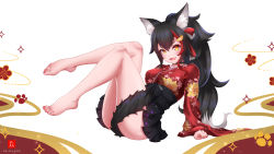 Rule 34 | 1girl, animal ear fluff, animal ears, barefoot, black hair, feet, highres, hololive, japanese clothes, knees together feet apart, long hair, looking at viewer, multicolored hair, ookami mio, ookami mio (new year), open mouth, ponytail, streaked hair, symbol-shaped pupils, tail, toes, virtual youtuber, yellow eyes