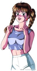 Rule 34 | 1990s (style), 1996, 1girl, black eyes, braid, brown hair, copyright notice, earrings, highres, jewelry, long hair, midriff, open mouth, pc engine fan, retro artstyle, simple background, solo, takada akemi, tank top, twin braids, white background