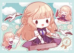 Rule 34 | 1girl, anchor symbol, animal, bird, blue dress, blue eyes, blue necktie, blush stickers, bottle, closed eyes, closed mouth, cup, dress, drink, drinking glass, fang, gloves, heart, highres, holding, holding bottle, kantai collection, light brown hair, long hair, multiple views, nada namie, necktie, open mouth, ranger (kancolle), seagull, short sleeves, smile, two-tone dress, white dress, white gloves