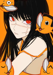 Rule 34 | 1girl, bare shoulders, black hair, chainsaw, chainsaw man, closed eyes, cross scar, facial scar, long hair, looking at viewer, nervous, off shoulder, open mouth, orange background, orange theme, pochita (chainsaw man), red eyes, ringed eyes, sailen0, scar, scar on cheek, scar on face, simple background, solo focus, surprised, sweat, tank top, yoru (chainsaw man)