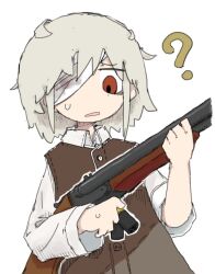Rule 34 | 1girl, ?, ammunition, bags under eyes, bandage over one eye, brown dress, bullet, collared shirt, confused, double-barreled shotgun, dress, frown, furrowed brow, grey hair, gun, holding, holding bullet, holding gun, holding weapon, looking at object, looking down, one eye covered, open mouth, original, red eyes, reloading, shirt, short hair, shotgun, shotgun shell, sidelocks, simple background, sleeve rolled up, sleeveless, sleeveless dress, solo, sweatdrop, torosakana, upper body, weapon, white background