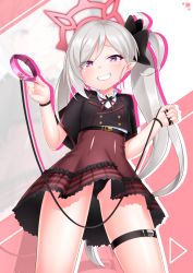 Rule 34 | 1girl, black flower, black jacket, black panties, blue archive, brown skirt, collar, commentary request, cropped jacket, flower, grey hair, grin, hair flower, hair ornament, halo, heart, heart-shaped pupils, high-waist skirt, highres, holding, holding collar, holding leash, jacket, kirisame mia, leash, long hair, looking at viewer, mutsuki (blue archive), panties, parted bangs, pink collar, plaid, plaid skirt, purple eyes, shirt, short sleeves, side ponytail, skirt, smile, solo, symbol-shaped pupils, underwear, very long hair, white shirt, wide sleeves