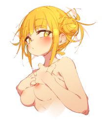 Rule 34 | 1girl, bags under eyes, blonde hair, blunt bangs, blush, boku no hero academia, breasts, closed mouth, completely nude, cropped torso, double bun, hair bun, hair up, hands on own chest, highres, looking at viewer, messy hair, narrowed eyes, nipples, nude, rasusurasu, short hair, sidelocks, simple background, slit pupils, small breasts, solo, toga himiko, upper body, white background, yellow eyes