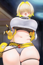 Rule 34 | 1girl, :3, :d, absurdres, ahoge, belly grab, blonde hair, blurry, blurry background, breasts, cowboy shot, crop top, crop top overhang, cropped sweater, curvy, elegg (nikke), fang, fluffyebi01, gloves, goddess of victory: nikke, grey shorts, hair intakes, hair over eyes, hand up, highres, large breasts, long sleeves, micro shorts, multicolored hair, navel, open mouth, plump, shiny skin, short hair, short shorts, shorts, skindentation, smile, solo, sports bra, stomach, suspender shorts, suspenders, thick thighs, thigh strap, thighs, two-tone hair, wide hips