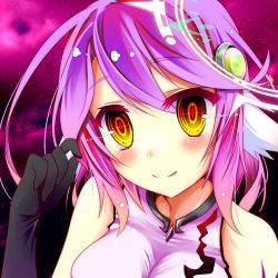 Rule 34 | 1girl, bad id, bad pixiv id, blush, breasts, closed mouth, spiked halo, cross, gloves, gradient eyes, gradient hair, halo, highres, jibril (no game no life), large breasts, long hair, looking at viewer, magic circle, mimi0846, multicolored eyes, multicolored hair, no game no life, orange eyes, pink hair, smile, solo, symbol-shaped pupils, tattoo, wing ears, yellow eyes