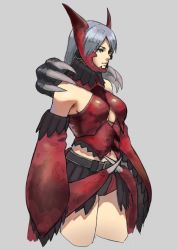 Rule 34 | 1girl, bare shoulders, belt, breasts, claws, closed mouth, commentary request, copyright request, cowboy shot, cropped legs, detached sleeves, genso, grey background, grey eyes, grey hair, helmet, long hair, long sleeves, medium breasts, monster hunter (series), simple background, sleeves past wrists, solo
