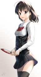 Rule 34 | 1girl, black eyes, black skirt, black thighhighs, blood, bloody knife, blouse, bow, bowtie, brown hair, bruise, bruise on face, cowboy shot, from side, hair between eyes, highres, holding, holding knife, injury, knife, long sleeves, medium hair, miniskirt, open mouth, pleated skirt, red bow, red bowtie, saionji sekai, school days, school uniform, shirt, signature, simple background, skirt, solo, standing, tetto (onnoveltet), thighhighs, white background, white shirt, zettai ryouiki