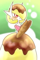 Rule 34 | 1girl, :t, alternate color, alternate shiny pokemon, artist name, bare shoulders, blonde hair, blush, bob cut, brown dress, brown gloves, chewing, chocolate, closed mouth, creatures (company), dress, eating, elbow gloves, female focus, food, food on head, game freak, gardevoir, gen 3 pokemon, gloves, green background, hair over one eye, hands up, highres, long dress, looking to the side, mega gardevoir, mega pokemon, nintendo, object on head, one eye covered, own hands together, pokemon, pokemon (creature), red eyes, short hair, signature, solo, strapless, strapless dress, twitter username, yuri (fl0werspace)