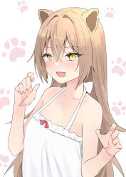 Rule 34 | 1girl, :d, absurdres, animal ears, bare shoulders, blush, brown hair, fang, flat chest, h2o (ddks2923), highres, indie virtual youtuber, lion ears, open mouth, rurudo lion, smile, solo, virtual youtuber, yellow eyes