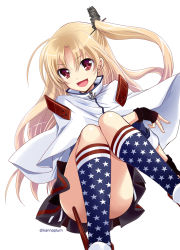 Rule 34 | 1girl, :d, american flag legwear, azur lane, blonde hair, cleveland (azur lane), convenient leg, fingerless gloves, gloves, kanna (plum), kneehighs, knees together feet apart, long hair, looking at viewer, miniskirt, one side up, open mouth, parted bangs, pleated skirt, red eyes, skirt, sleeves rolled up, smile, socks, solo, unmoving pattern, very long hair, white background