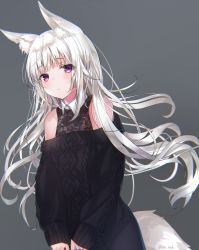 Rule 34 | 1girl, animal ear fluff, animal ears, aran sweater, bad id, bad pixiv id, bare shoulders, black sweater, blush, cable knit, chromatic aberration, closed mouth, collared shirt, commentary request, floating hair, fox ears, fox girl, fox tail, grey background, head tilt, highres, long hair, long sleeves, looking at viewer, off-shoulder, off-shoulder sweater, off shoulder, original, purple eyes, sakura honoka (srhk0623), shirt, sidelocks, silver hair, simple background, sleeveless, sleeveless shirt, sleeves past wrists, solo, sweater, tail, twitter username, upper body, v arms