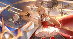 Rule 34 | 2girls, aircraft, airplane, azur lane, breasts, character request, cleavage, cleavage cutout, clothing cutout, crown, unworn crown, highres, multiple girls, red thighhighs, rein yukimatsu, richelieu (azur lane), ship, thigh strap, thighhighs, watercraft