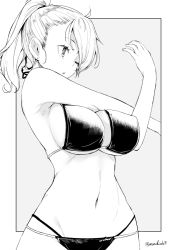 Rule 34 | 1girl, arm up, armpits, bikini, breasts, earrings, greyscale, jewelry, kichihachi, large breasts, layered bikini, looking to the side, medium hair, monochrome, navel, one eye closed, original, outside border, parted lips, ponytail, simple background, solo, standing, stomach, stretching, twitter username