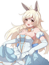 Rule 34 | 1girl, absurdres, blonde hair, blue dress, blue gloves, breasts, brown eyes, cleavage, detached collar, detached sleeves, dress, elbow gloves, fizz (pixiv34498626), gloves, highres, large breasts, lima (cinderella) (princess connect!), llama girl, long dress, long hair, princess connect!, lima (princess connect!), simple background, solo, white background
