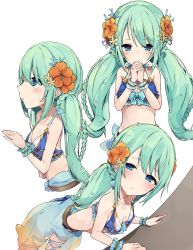 Rule 34 | 1girl, bare shoulders, bikini, blue bikini, blue eyes, blush, braid, breasts, chika (princess connect!), chika (summer) (princess connect!), collarbone, flower, green hair, hair flower, hair ornament, long hair, looking at viewer, multiple views, navel, open mouth, pkpkpppk, princess connect!, sarong, side braids, sidelocks, small breasts, swimsuit, twintails