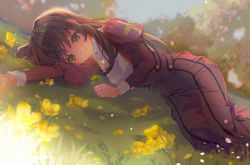 Rule 34 | 1girl, brown hair, clenched hand, corette, dress, erica fontaine, flower, grass, green eyes, hair behind ear, highres, juliet sleeves, long sleeves, looking at viewer, lying, on side, petals, puffy sleeves, red dress, sakura taisen, sakura taisen iii, smile, solo, tree, yellow flower