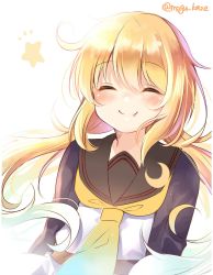 Rule 34 | belt, black sailor collar, blonde hair, blue jacket, closed eyes, closed mouth, commentary, crescent, crescent pin, fang, highres, jacket, kantai collection, long hair, long sleeves, low twintails, megu kaze, neckerchief, one-hour drawing challenge, sailor collar, satsuki (kancolle), school uniform, serafuku, simple background, smile, star (symbol), twintails, twitter username, yellow neckerchief