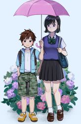 Rule 34 | 1boy, 1girl, age difference, backpack, bad id, bad pixiv id, bag, black eyes, black hair, black skirt, blue vest, bow, bowtie, brown footwear, brown hair, camouflage, camouflage shorts, collared shirt, flower, full body, green neckwear, hand in pocket, height difference, highres, holding, holding umbrella, hood, hood down, hydrangea, jacket, nashigaya koyomi, open clothes, open jacket, original, pink umbrella, pleated skirt, shared umbrella, shirt, shoes, short hair, short sleeves, shorts, shoulder bag, skirt, socks, standing, striped bow, striped bowtie, striped clothes, striped neckwear, umbrella, vest, water drop, white legwear, white shirt, yellow footwear