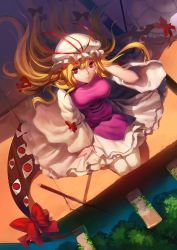 Rule 34 | 1girl, bad id, bad pixiv id, blonde hair, bow, breasts, dithering, dress, expressionless, female focus, from above, fs-project, gap (touhou), hand in own hair, hat, highres, large breasts, long hair, pantyhose, red eyes, seiza, sitting, solo, touhou, white pantyhose, yakumo yukari