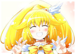 Rule 34 | 10s, 1girl, ^ ^, blonde hair, blush, bow, closed eyes, cure peace, cure peace pose, double v, closed eyes, grin, hair flaps, hair ornament, kiku hitomoji, kise yayoi, long hair, precure, smile, smile precure!, solo, upper body, v, yellow bow, yellow theme