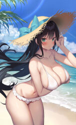 Rule 34 | 1girl, arm under breasts, bare arms, bare shoulders, beach, bikini, black hair, blue bow, blue sky, blush, bow, breasts, closed mouth, cloud, collarbone, commentary request, cowboy shot, day, floating hair, food, frilled bikini, frills, green eyes, hand up, hat, hat bow, horizon, large breasts, leaning forward, long hair, looking at viewer, mintoaisu, navel, ocean, original, outdoors, palm tree, shore, sky, solo, stomach, straw hat, swimsuit, tree, water, white bikini