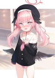 Rule 34 | 1girl, @ @, bare shoulders, beret, black hat, black shirt, black wings, blue archive, blush, collarbone, commentary request, feathered wings, halo, hand up, hat, head wings, koharu (blue archive), long hair, long sleeves, looking at viewer, low wings, no pants, nose blush, off shoulder, open mouth, panties, pink hair, red eyes, saeki sora, sailor collar, shirt, sleeves past fingers, sleeves past wrists, solo, striped clothes, striped panties, twintails, underwear, wavy mouth, white sailor collar, wings