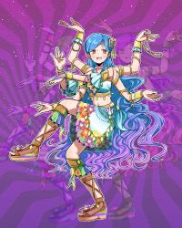 Rule 34 | 10s, 1girl, aikatsu!, aikatsu! (series), alison (alison airlines), armlet, blue hair, bracelet, extra arms, gradient background, gradient hair, highres, jewelry, kazesawa sora, midriff, mole, mole under mouth, multicolored hair, navel, open mouth, platform footwear, psychedelic, red eyes, sandals, skirt, solo, standing, standing on one leg, striped, striped background
