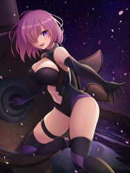 Rule 34 | 1girl, :d, bad id, bad pixiv id, black gloves, black leotard, black thighhighs, breasts, cherry blossoms, cleavage, clothing cutout, elbow gloves, fate/grand order, fate (series), gloves, groin, hair over one eye, highres, holding, holding shield, kannko bokujou, large breasts, leotard, long hair, mash kyrielight, navel, navel cutout, night, open mouth, pink hair, purple eyes, shield, sky, smile, solo, star (sky), starry sky, thigh strap, thighhighs