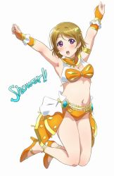 Rule 34 | 1girl, :o, \o/, ankle strap, armband, armpits, arms up, bikini, breasts, bridal gauntlets, brown hair, cleavage, clenched hands, commentary request, earrings, hair ornament, heart, heart hair ornament, high heels, jewelry, jumping, koizumi hanayo, love live!, love live! school idol festival, love live! school idol project, medium breasts, navel, orange bikini, orange footwear, outstretched arms, overskirt, purple eyes, round teeth, shangri-la shower, simple background, solo, stomach, swimsuit, teeth, turkey min, upper teeth only, white background